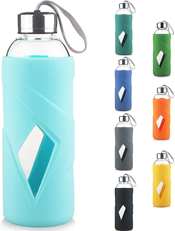 32oz Borosilicate Glass Water Bottle with Non-Slip Silicone Sleeve and Stainless Steel Lid BPA-Free for Daily Intake Drink (Light Blue)