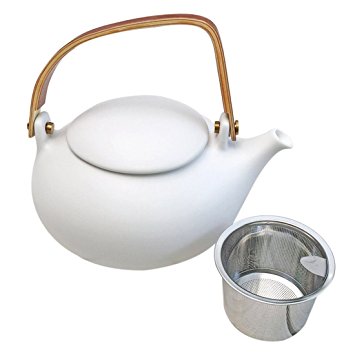 ZENS Matte Finish Smooth Texture White Ceramic Teapot 800ml/28oz, with Nature Bentwood Handle, Ceramic Pebble Shape Lid, and Stainless Steel Strainer for Flower Loose Leaf Tea Steeping