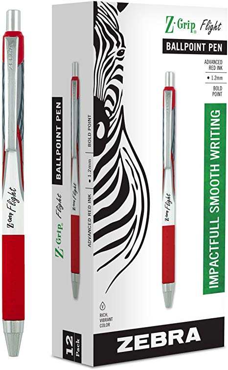 Zebra Pen Z-Grip Flight Retractable Ballpoint Pen, Bold Point, 1.2mm, Red Ink, 12-Count