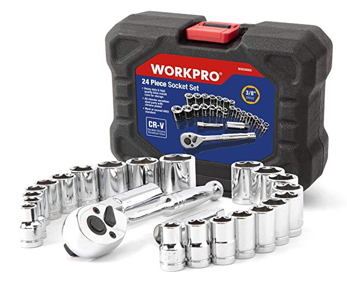 WORKPRO 24-piece Socket Set 3/8" Ratchet and Drive Sockets Set with Blow Molded Case