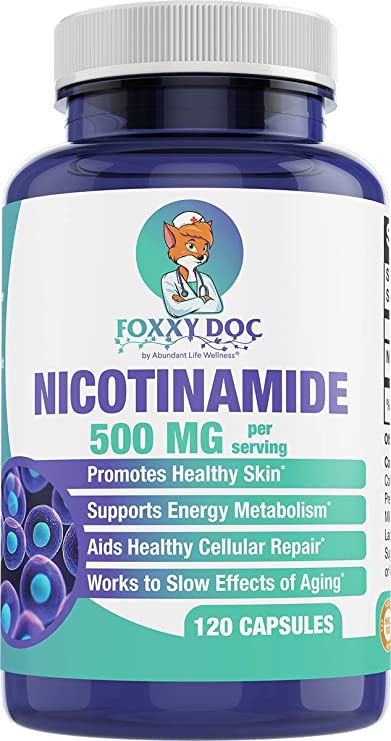 Nicotinamide 500 mg - Vitamin B3 – Anti-Aging – Energy Booster – Cellular & Skin Health - Gluten Free - 120 Veggie Caps by Foxxy Doc
