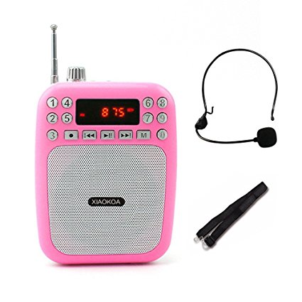 XIAOKOA Ultralight Voice Amplifier with Headset Microphone Mini Portable Loudspeaker Megaphone Support FM Radio MP3 Player Support TF/SD Card (F30A Pink) …