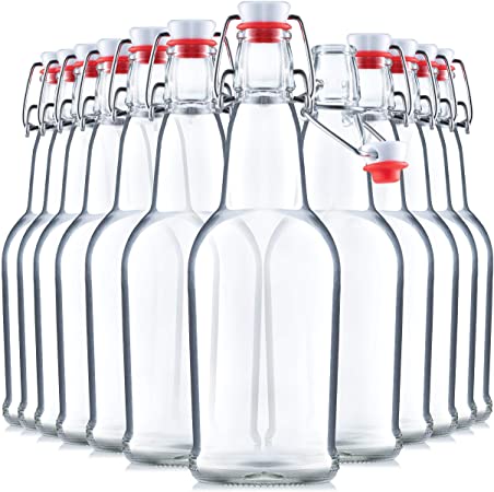 Glass Swing Top Beer Bottles - 16 Ounce (12 Pack) Grolsch Bottles, with Flip-top Airtight Lid, for Carbonated Drinks, Kombucha, 2nd Fermentation, Water Kefir, Clear Brewing Bottle.