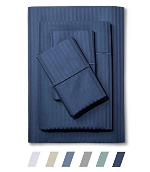 500 Thread Count 100% Cotton Sheet Set, Stripe Sheets, Soft Sateen Weave,Queen Sheets, Deep Pockets,Hotel Collection,Luxury Bedding Super Sale 100% Cotton (Insignia Blue, QUEEN)
