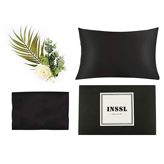 INSSL Silk Pillowcase Best Christmas Gift for Women, Blissy Silk Pillowcase for Hair and Skin and Stay Comfortable and Breathable During Sleep. (Black, 20"×26")