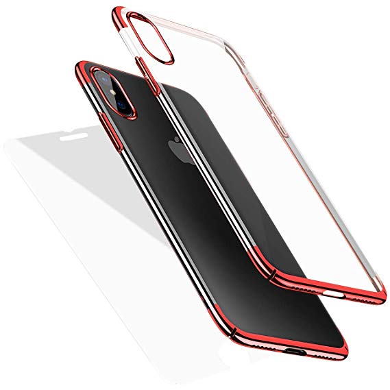 Crystal Clear TPU Cover iPhone Case (Supports Wireless Charging), Protective Back Case with Soft Shock Absorption Bumper and Tempered Glass Screen Protector Set for iPhone Xs Max (Red)