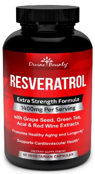 Resveratrol Supplement - 1400mg Extra Strength Formula with Green Tea Extract Grape Seed Extract Red Wine Extract- 60 veggie capsules - Made in USA