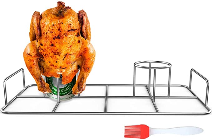 RUSFOL Double Beercan Chicken Rack with a Silicone Oil Brush, Stainless Steel Twin Chicken Stand for Smoker and Grill,Cook 2 Chicken Together