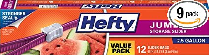 Hefty Slider Jumbo Storage Bags (2.5 Gallon, 12 Count, Pack of 9)