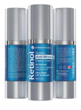 Retinol Ultra Night Lift Moisturizing Cream For Your Face 50 ml - Canadian Made - Certified Organic  Hyaluronic Acid  Peptide  Vitamin E B5 Anti Aging Skin Care - by All Natural Advice