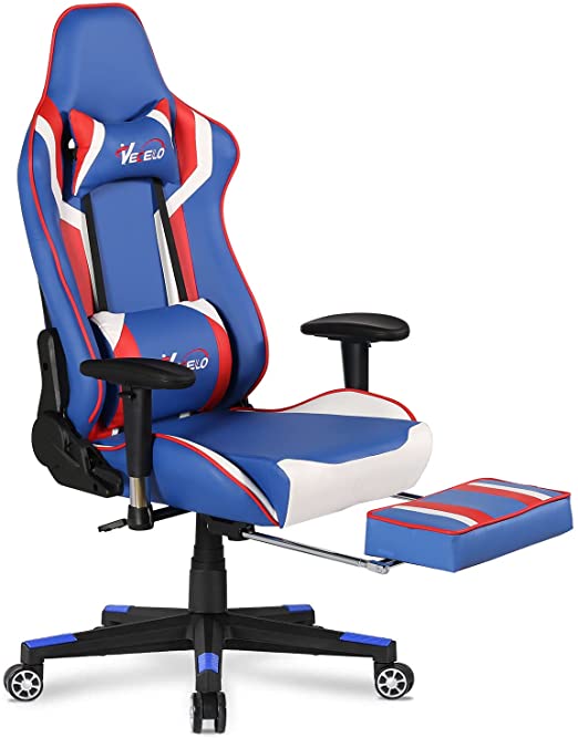 VECELO Video Gaming Chair with Seat Height Adjustable Swivel Recliner Ergonomic Headrest,Retractible Footrest,Lumbar Pillow Esports, Blue