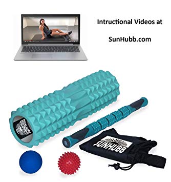 SunHubb Foam Roller Set Kit Includes High Density Foam Roller,Muscle Roller Stick,Lacrosse & Spiky Balls & Carrying Bag-Physical Therapy,Deep Tissue,Pain Relief,Myofascial Release,Self Massage Yoga