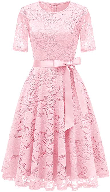 DRESSTELLS Short Scoop Bridesmaid Floral Lace Dress Cocktail Formal Swing Dress