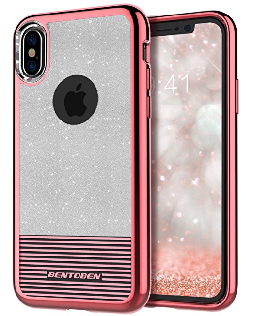 iPhone X Glitter Case, BENTOBEN Clear Bling Sparkly Shockproof Slim 2 in 1 [Support Wireless Charging] Hybrid Soft TPU PC Dual Layer Stripes Design Protective Case for iPhone X / 10 (5.8 inch), Red