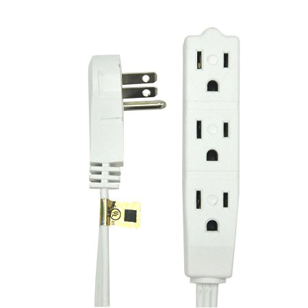 BindMaster 15 Feet Extension Cord/Wire, 3 Prong Grounded, 3 outlets, Angeled Flat Plug , White