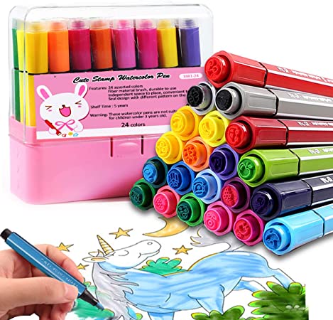Hapree 24 Colors Kids Washable Markers with Stamper Non-Toxic Coloring Marker Stamp Pen Fine Tip