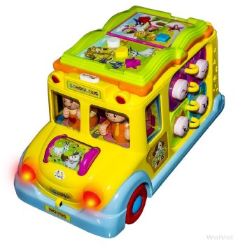 WolVol Activity Musical Yellow School Bus Toy with Headlights, Moves and rides on its own, Passengers Swing side to side, Lots of Functions & Learning the Animals, Option to turn off sound while in action