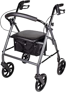 Carex 4 Wheel Rollator Walker with Seat and 8" Wheels - Foldable & Lightweight for Seniors - Rolling Medical Walker with Wheels for Support & Comfort - Includes Folding Feature for Easy Storage, Gray