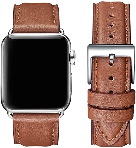 OMIU Square Bands Compatible for Apple Watch 42mm 44mm 38mm 40mm, Genuine Leather Replacement Band Compatible with Apple Watch Series 5/4/3/2/1 Edition (Brown/Silver Connector, 38mm 40mm)