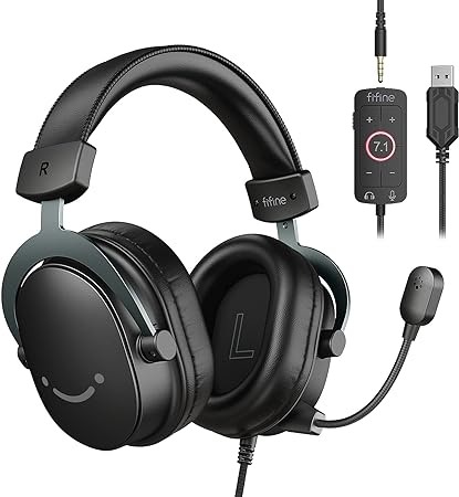 FIFINE PC Gaming Headset, USB Headset with 7.1 Surround Sound, Detachable Microphone, Control Box, 3.5mm Headphones Jack, Over-Ear Wired Headset for PS5/PS4/Xbox/Switch, Black-AmpliGame H9