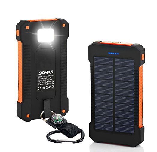Solar Charger,SOMAN® Portable Solar Panel Charger 10000mAh Solar Banks Power Dual Solar Charger USB Port Solar Cell Phone Charger Rain-Resistant Dust-Proof and Shockproof (orange)