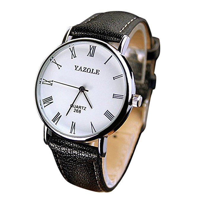 Lily's Gift Luxury Leather Men Big Round Dial Analog Quartz Wrist Watch Black and white
