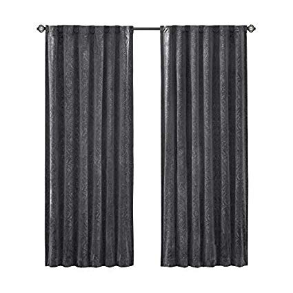 Comfort Spaces - Embossed Paisley Motif Poly Velvet Window Curtain Pair 4pc Set - Dark Grey - 50x95 Inch Panel - Energy Efficient Saving - Curtain Rod Pocket - Include 2 Panels and 2 Tiebacks