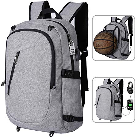Travel Laptop Backpack | School Book Bag | Casual Daypack (18''/30L) with Basketball Holder & USB Charging Plug