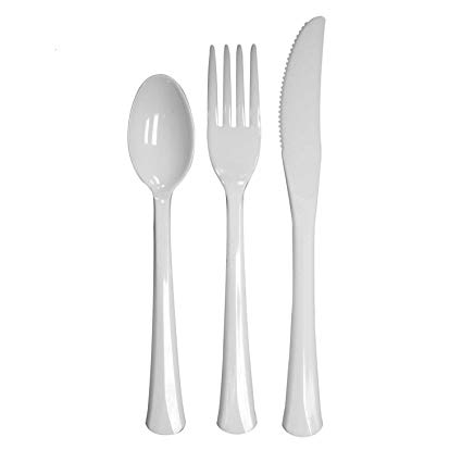 Party Essentials Extra Heavy Duty Hard Plastic Cutlery Combo Pack, Full Size Knives/Forks/Spoons, White, 8 Place Setting Count