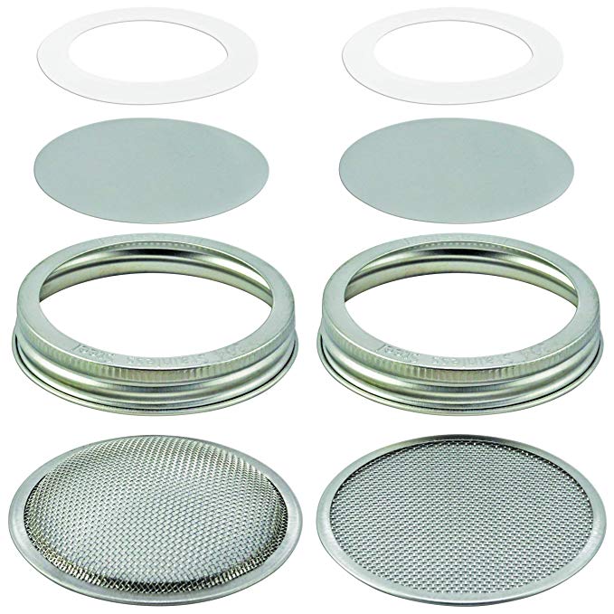 2 Sets: Stainless Steel Sprouting Lids   Storage Caps - 2 Sprouter Screens (Curved Flat), 2 Inserts, 2 Bands, 2 Seals - For Wide Mouth Mason Jar. Airtight, Leak-proof. Rust-free, PVC-free, Vinyl-free
