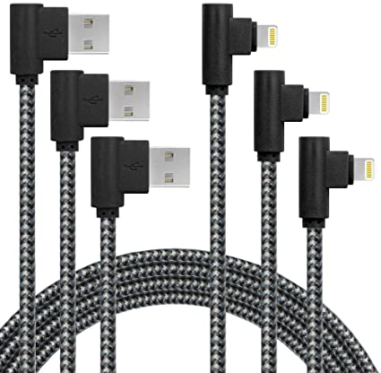3 Pack 6FT Extra Long Fast Charger Cable 90 Degree Nylon Braided iPhone USB Charging & Syncing Cord Compatible with iPhone Xs/XS Max/XR/X / 8/8 Plus / 7/7 Plus/6S/6S Plus/SE/iPad (6ft, Black Gray)