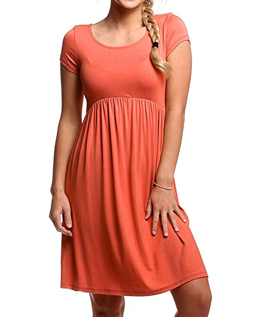 GAMISOTE Women Summer Empire Waist Short Sleeve Midi Dress Casual Solid Loose Swing Dresses