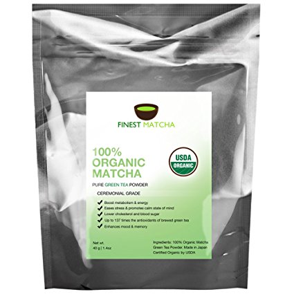 Finest Matcha Green Tea Powder, 100% Organic Ceremonial Grade Japanese Matcha - Antioxidant Powerhouse - Detox, Burn Fat & Increase Energy, 1.4oz (40g)
