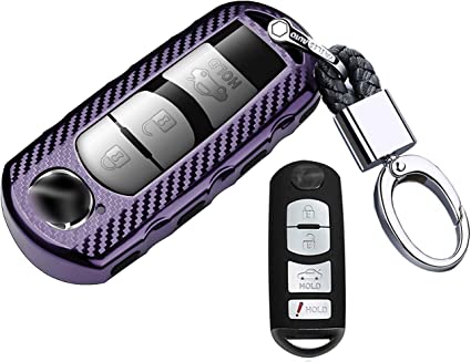 ontto Car Key Fob Cover Shell for Mazda 3 6 8 CX-3 CX-5 Carbon Fiber Pattern Remote Key Case Holder with Keychain Purple