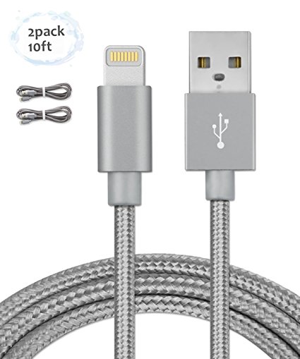 Alanda iPhone Lightning Cable 2pack 10ft Braided Lightning USB Charging Cable with Aluminum Connector for iPhone 7 7 Plus 6s 6s Plus 6 Plus 6 5s 5c 5 iPad Mini and iPod Compatible with iOS-Gray