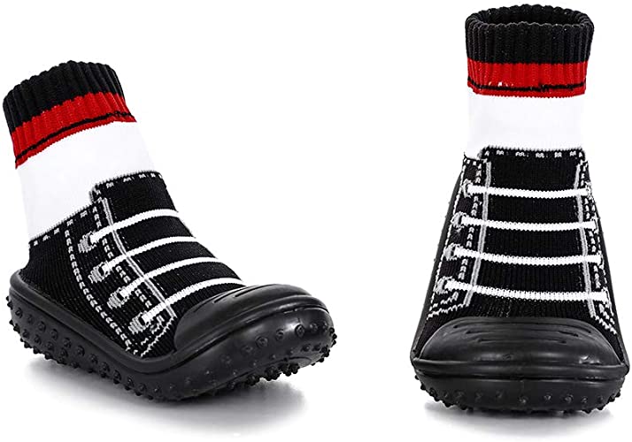 HOWELL Baby Rubber-Grip Sole Socks Shoes Anti Slip Floor Socks with Soft Rubber Bottom Infant Newborn Cotton Sock Boots(Black Tie