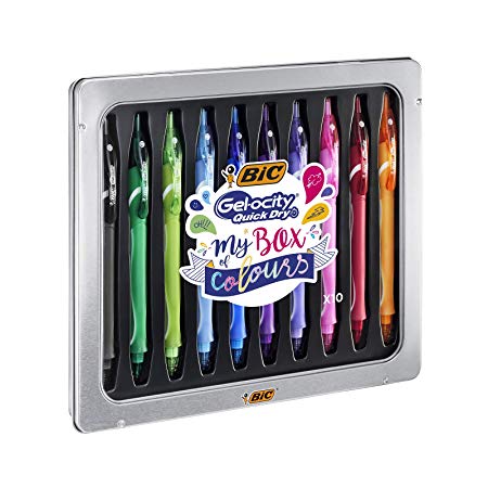 BIC Gel-ocity Quick Dry My Box of Colours Gel Pens Medium Tip (0.7 mm) Assorted Colours Metal Gift Box of 10