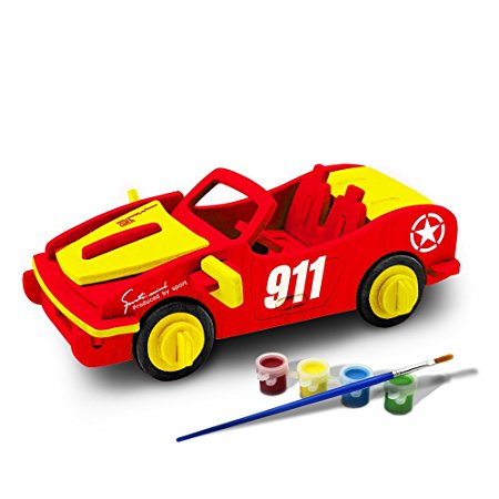 Bfun Woodcraft 3D Puzzle Assemble and Paint DIY Toy Kit, Racing car