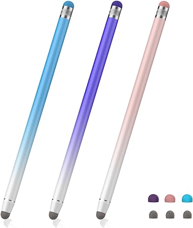 MoKo Stylus Pens for Touch Screens, 2-in-1 Universal Stylus Pen(3pcs) with 6 Extra Tips High Sensitivity&Accuracy, Compatible with iPad/iPhone/Samsung/Android/Tablet All Touchscreens, Pink/Purple/Blue