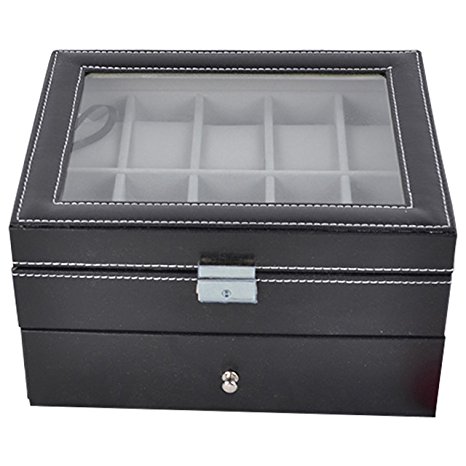 Watch Box Black Leather Display Glass Top Jewelry Case Organizer, 20 Grid