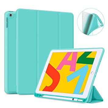 Ayotu Soft Case for New iPad 7th Generation 10.2" 2019, Auto Sleep/Wake Slim Lightweight Trifold Stand Case with Pencil Holder,Soft TPU Back Cover for Apple iPad 10.2 inch 2019 Version,Mint Green