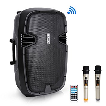 Pyle 1600 Watt, 15" Bluetooth PA Speaker - Indoor / Outdoor Portable Sound System with (2) UHF Wireless Microphones, Rechargeable Battery, Audio Recording, USB/SD Readers, FM Radio (PPHP1535WMU)