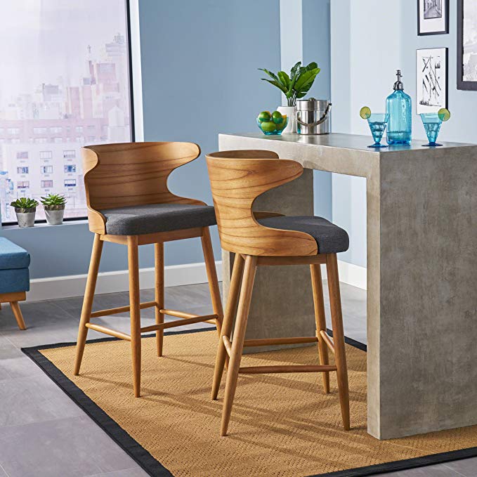 Great Deal Furniture | Truda Mid Century Modern Fabric Barstools | Set of 2 | in Charcoal