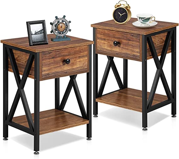 VECELO Modern X-Design Night Stand, Versatile Nightstands, End Drawer Storage Shelf Side Table, Brown/Set of 2