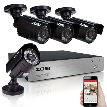 ZOSI 4 Channel 720P H.264 4CH Real Time Digital Video Recorder and 4 x 720P 1280TVL 3.6mm Day Night Weatherproof CCTV Camera Security System with PC & Smart Phone Remote Viewing (NO HDD)