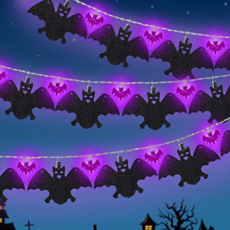 Halloween Decoration Outdoor String Lights, 9.8 Feet LED Purple Bat String Lights with Bat Cards for Halloween Decor, Porch, Garden, Battery Operated