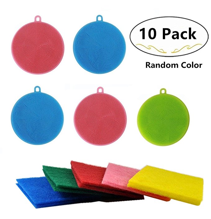 5 Pack Antibacterial Silicone Dish Scrubber Dishwashing Cleaning Brush and 5 Scouring Pads for Bonus, Carnatory Fruit and Vegetable Washer Heat Insulation Pad For Kitchen Wash Pot Pan Dish Bowl