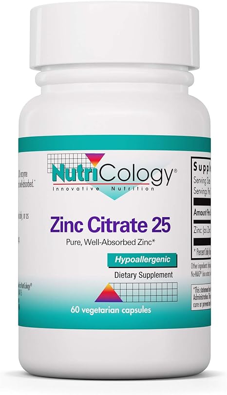 NutriCology Zinc Citrate 25 mg - Immune, Bone Support - 60 Vegetarian Capsules