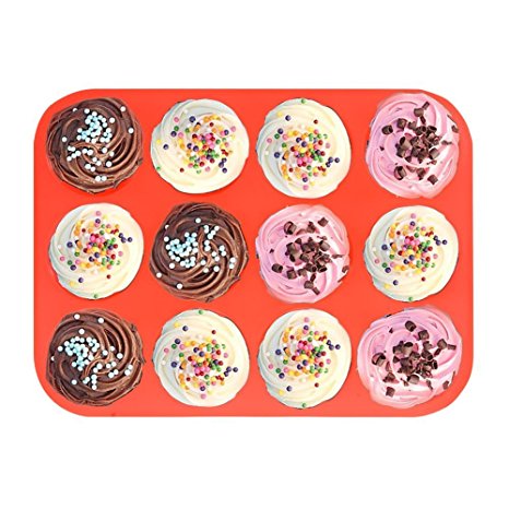 12 Cup Silicone Muffin Pan & Cupcake Baking Pan ,Nonstick,Dishwasher - Microwave Safe,Red Bakeware