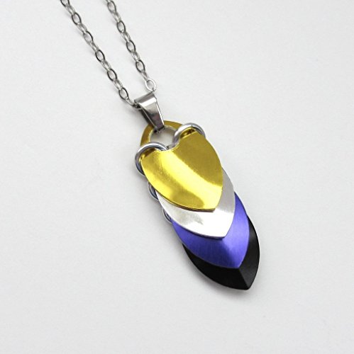 Non-binary pendant necklace, chainmail scales pendant; yellow, white, purple, black